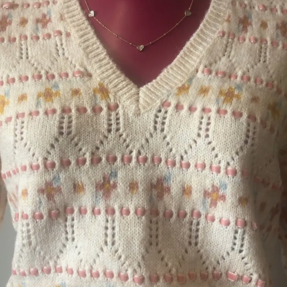 ZARA Cream,Taupe,Blue & Pink Velvet Ribbon Short Sleeve Knit 🧶